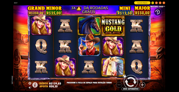Tela de jogo base do slot Mustang Gold. 